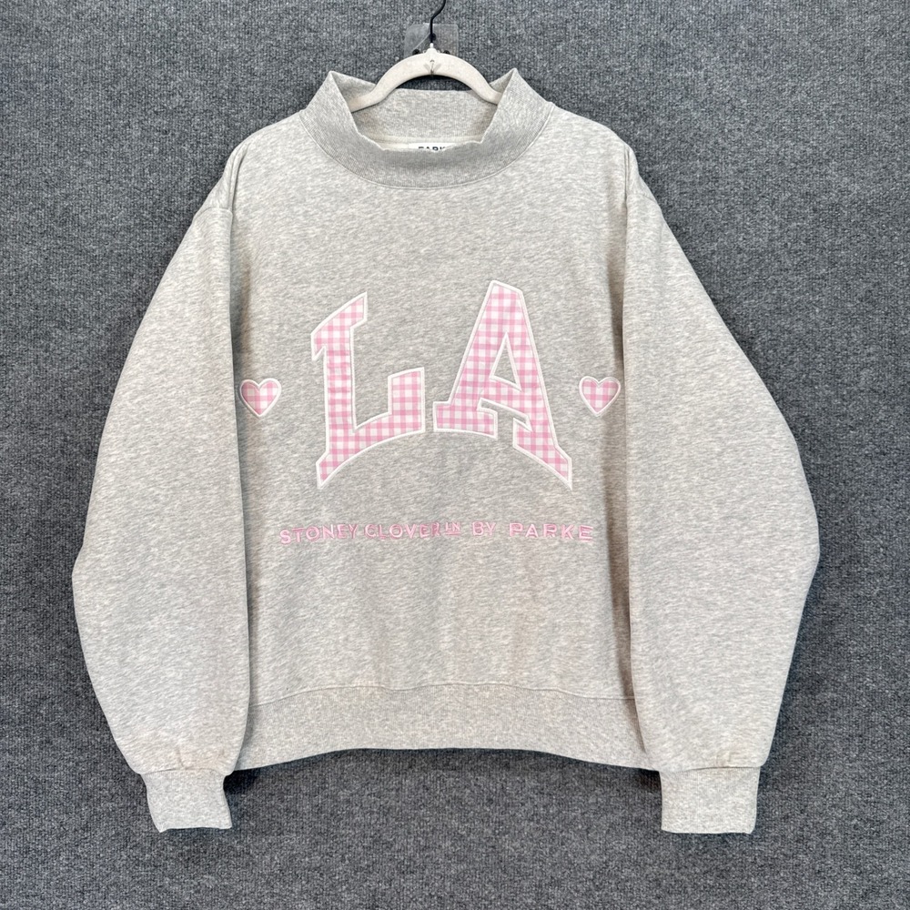 Parke x Stoney Clover Lane Sweatshirt Women L/XL Gray Pink Gingham LA Mock Neck